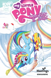 Size: 1032x1566 | Tagged: safe, artist:amy mebberson, idw, official comic, fluttershy, rainbow dash, pony, g4, official, backwards cutie mark, clothes, comic, cover, idw advertisement, snow, snowboard, snowboarding, winter