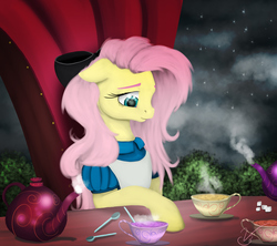 Size: 5363x4768 | Tagged: safe, artist:vinicius040598, fluttershy, pegasus, pony, g4, absurd resolution, alice in wonderland, clothes, crossover, cup, cute, disney, dress, female, floppy ears, looking down, mare, night, puffy sleeves, shyabetes, sitting, solo, spoon, sugarcube, sweet dreams fuel, table, tea party, teapot