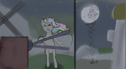 Size: 2012x1099 | Tagged: safe, artist:sv37, princess celestia, pony, g4, bipedal, bipedal leaning, eyes closed, female, full moon, leaning, mare in the moon, moon, moon work, night, open mouth, solo, stars, sweat, sweatdrops
