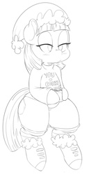 Size: 744x1448 | Tagged: safe, artist:purple-yoshi-draws, maud pie, g4, boots, chocolate, clothes, cup, female, food, hat, hot chocolate, lidded eyes, mug, santa hat, shirt, simple background, sitting, sketch, socks, solo, thunder thighs, white background