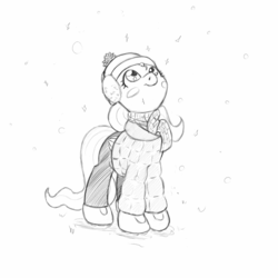 Size: 1200x1200 | Tagged: safe, artist:trickydick, fluttershy, g4, blush sticker, blushing, boots, clothes, earmuffs, female, hat, jacket, looking up, monochrome, pants, scarf, simple background, snow, snowfall, solo, white background