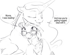Size: 1280x989 | Tagged: safe, artist:silfoe, princess luna, oc, oc:twilight dapple, alicorn, pony, other royal book, alicorn oc, black and white, cute, deal with it, dialogue, duo, grayscale, hug, lunabetes, magical lesbian spawn, monochrome, mother and daughter, next generation, offspring, parent:princess luna, parent:twilight sparkle, parents:twiluna, simple background, sketch, speech bubble, white background