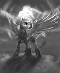 Size: 2000x2443 | Tagged: safe, artist:vell221, oc, oc only, armor, grayscale, high res, monochrome, partial color, solo