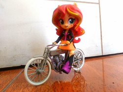 Size: 2592x1944 | Tagged: safe, sunset shimmer, equestria girls, g4, boots, clothes, cute, doll, equestria girls minis, harley davidson, irl, jacket, leather jacket, motorcycle, photo, skirt, solo, toy
