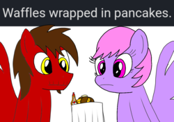 Size: 1080x761 | Tagged: safe, artist:toyminator900, oc, oc only, oc:chip, oc:melody notes, pegasus, pony, butter, duo, food, maple syrup, meta, pancakes, simple background, transparent background, waffle