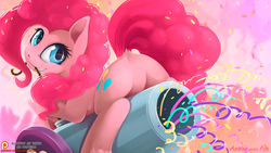 Size: 1300x731 | Tagged: safe, artist:arctic-fox, pinkie pie, earth pony, pony, g4, butt, cute, diapinkes, dock, featureless crotch, female, looking back, mare, mouth hold, party cannon, patreon, patreon logo, plot, rear view, solo, streamers