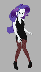 Size: 800x1400 | Tagged: safe, artist:backgrounduser, rarity, equestria girls, g4, bedroom eyes, black dress, blushing, breasts, clothes, colored pupils, dress, female, high heels, little black dress, looking at you, raised eyebrow, shoes, smiling, solo, stockings