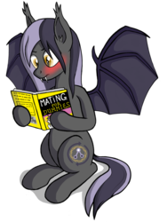 Size: 602x800 | Tagged: safe, artist:negasun, oc, oc only, oc:droideka, bat pony, pony, blushing, book, simple background, solo, spread wings, transparent background, wingboner