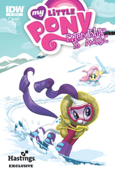 Size: 659x1000 | Tagged: safe, artist:amy mebberson, official comic, fluttershy, rarity, pony, g4, idw, official, spoiler:comic, clothes, coat, comic, cover, goggles, hastings comics, skiing, skis, snow, winter