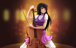 Size: 5344x3375 | Tagged: safe, alternate version, artist:guinefurrie, octavia melody, human, g4, blushing, bow (instrument), bowtie, breasts, busty octavia melody, cello, cello bow, clothes, equestria girls outfit, female, humanized, multiple variants, musical instrument, solo, zettai ryouiki