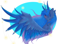 Size: 1280x960 | Tagged: safe, artist:niniibear, princess luna, g4, blushing, cute, eyes closed, female, horn, horn jewelry, jewelry, simple background, solo, spread wings, stars, transparent background, vector, wing jewelry