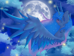 Size: 1280x960 | Tagged: safe, artist:niniibear, princess luna, g4, blushing, cloud, cute, eyes closed, female, happy, horn, horn jewelry, jewelry, moon, peaceful, solo, spread wings, wing jewelry