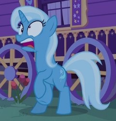 Size: 322x336 | Tagged: safe, screencap, trixie, pony, unicorn, g4, to where and back again, cropped, derp, faic, female, mare, mismatched eyes, panic, solo, trixie's wagon