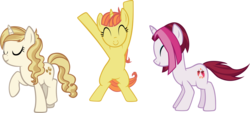 Size: 4264x1920 | Tagged: safe, artist:ironm17, cayenne, citrus blush, sweet biscuit, pony, unicorn, g4, ^^, bipedal, dancing, eyes closed, female, group, mare, simple background, transparent background, vector