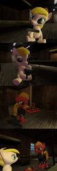 Size: 1400x4184 | Tagged: safe, artist:soad24k, oc, oc only, oc:chipper leaf, pony, 3d, burger, coca-cola, cyoa, cyoa:filly adventure, donut, female, filly, food, gmod, hay burger, mare, soda can, weapon