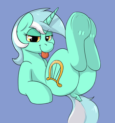 Size: 1280x1364 | Tagged: safe, artist:rileyisherehide, lyra heartstrings, pony, unicorn, g4, bedroom eyes, butt, dock, explicit source, female, looking at you, plot, raspberry, simple background, smiling, solo, tongue out, underhoof