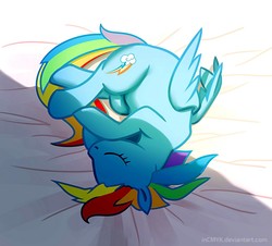 Size: 1300x1175 | Tagged: safe, artist:incmyk, rainbow dash, pegasus, pony, g4, bedsheets, curled up, cute, eyes closed, female, folded wings, high angle, sleeping, solo, wings