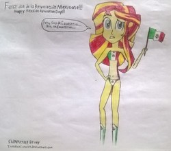 Size: 2691x2368 | Tagged: safe, artist:toonalexsora007, sunset shimmer, equestria girls, g4, boots, bra, clothes, dialogue, female, flag, hand on hip, high res, mexican, mexican flag, mexican revolution, mexico, panties, solo, spanish, traditional art, underwear