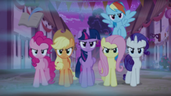 Size: 1920x1080 | Tagged: safe, edit, screencap, applejack, fluttershy, pinkie pie, rainbow dash, rarity, twilight sparkle, alicorn, pony, g4, season 6, to where and back again, angry, dream, evil applejack, evil fluttershy, evil mane six, evil pinkie pie, evil rainbow dash, evil rarity, evil smile, evil twilight, fog, inverted mouth, looking at you, mane six, our town, smiling, this will not end well, twilight sparkle (alicorn), village, walking towards you, wrong neighborhood