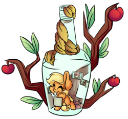 Size: 6774x6326 | Tagged: safe, artist:cutepencilcase, applejack, big macintosh, granny smith, earth pony, pony, g4, absurd resolution, apple, cute, eyes closed, food, jackabetes, male, photo, pony in a bottle, simple background, smiling, solo, stallion, transparent background, tree branch