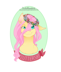 Size: 1200x1400 | Tagged: safe, artist:gretamacedonio, fluttershy, g4, :3, female, floppy ears, floral head wreath, looking at you, simple background, smiling, solo, transparent background