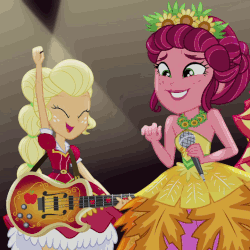 Size: 720x720 | Tagged: safe, screencap, applejack, gloriosa daisy, equestria girls, g4, my little pony equestria girls: legend of everfree, animated, bass guitar, crystal gala, cute, eyes closed, female, gif, jackabetes, jumping, loop, microphone, musical instrument