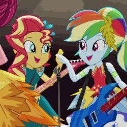 Size: 540x540 | Tagged: safe, screencap, gloriosa daisy, rainbow dash, sunset shimmer, equestria girls, g4, my little pony equestria girls: legend of everfree, animated, clothes, crystal gala, dress, female, flying v, gif, guitar, high five, musical instrument