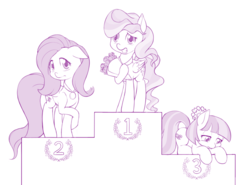 Size: 1280x945 | Tagged: safe, artist:dstears, coco pommel, fluttershy, vapor trail, earth pony, pegasus, pony, g4, top bolt, crossed hooves, female, floppy ears, mare, monochrome, podium, simple background, trio, white background