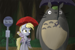 Size: 5400x3600 | Tagged: safe, artist:purpleblackkiwi, derpy hooves, dinky hooves, pegasus, pony, g4, bus, crossover, cute, female, mare, mother and daughter, painting, rain, sleeping, totoro, trio, umbrella, wing hold