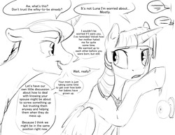 Size: 1280x989 | Tagged: safe, artist:silfoe, night light, princess luna, twilight sparkle, alicorn, pony, g4, dialogue, door, father and daughter, female, grayscale, lesbian, monochrome, ship:twiluna, shipping, sketch, twilight sparkle (alicorn)