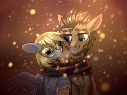 Size: 1099x826 | Tagged: safe, artist:the-darkest-dream, derpy hooves, doctor whooves, time turner, pegasus, pony, g4, clothes, duo, female, fourth doctor's scarf, male, mare, scarf, shared clothing, shared scarf, ship:doctorderpy, shipping, snow, straight, striped scarf