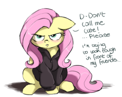 Size: 1500x1200 | Tagged: safe, artist:buttersprinkle, fluttershy, pony, g4, angry, blushing, buttersprinkle is trying to murder us, clothes, cute, dialogue, female, floppy ears, fluttertsun, hoodie, i'm not cute, jacket, looking at you, mare, shyabetes, simple background, sitting, solo, text, tough, tsundere, white background