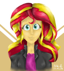 Size: 856x960 | Tagged: safe, artist:olciak135135135, sunset shimmer, equestria girls, g4, abstract background, bust, female, looking at you, portrait, solo, uncanny valley