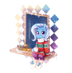 Size: 1125x1148 | Tagged: safe, artist:jumblehorse, trixie, pony, unicorn, g4, basket, boots, bundled up, bundled up for winter, candy, clothes, colored pupils, cup, cute, diatrixes, featured image, female, food, fruit, grin, hoof hold, hot chocolate, looking at you, mare, simple background, sitting, smiling, snow, snowfall, snowflake, socks, solo, sweater, turtleneck, white background, window, winter outfit