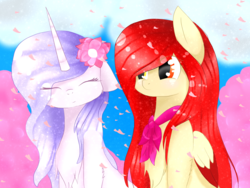 Size: 3000x2250 | Tagged: safe, artist:php146, oc, oc only, pegasus, pony, unicorn, chest fluff, duo, eye clipping through hair, flower, flower in hair, high res