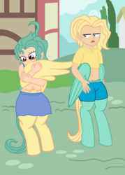 Size: 2297x3217 | Tagged: safe, artist:oneovertwo, oc, oc only, oc:drizzle, oc:gale, satyr, belly button, brother and sister, clothes, high res, midriff, offspring, parent:zephyr breeze, preening, short shirt, skirt