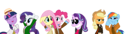 Size: 3766x1043 | Tagged: safe, applejack, fluttershy, paisley, pinkie pie, rainbow dash, rarity, starlight glimmer, twilight sparkle, g4, brocade, christopher eccleston, clothes, cosplay, costume, cute, dashface, david tennant, doctor who, dupioni, eighth doctor, eleventh doctor, eyes closed, fifth doctor, grin, jon pertwee, lidded eyes, mane six, matt smith, ninth doctor, open mouth, paul mcgann, peter davison, pinstripe, rarity is the doctor, seventh doctor, simple background, smiling, sylvester mccoy, tenth doctor, third doctor, transparent background, tweed, twiabetes, velvet, x x everywhere