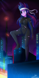 Size: 2036x4053 | Tagged: safe, artist:the-butch-x, twilight sparkle, equestria girls, g4, abs, alternate hairstyle, bandage, bandana, breasts, busty twilight sparkle, city, city lights, commission, eyepatch, female, future headlight, future twilight, futuristic, high heel boots, high heels, high res, night, scenery, skinsuit, solo, wardrobe malfunction