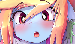 Size: 1528x897 | Tagged: dead source, safe, artist:hoodie, rainbow dash, anthro, g4, :o, blushing, body pillow, body pillow design, close-up, clothes, cropped, cute, dashabetes, female, floppy ears, hoodie, looking at you, open mouth, solo, surprised, wide eyes, wrong eye color