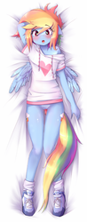 Size: 469x1200 | Tagged: safe, artist:hoodie, rainbow dash, anthro, plantigrade anthro, g4, barbie doll anatomy, bed, blushing, body pillow, body pillow design, both cutie marks, bottomless, breasts, clothes, cute, dashabetes, delicious flat chest, female, fetish, floppy ears, hoodie, rainbow flat, shoes, sneakers, sneakers fetish, socks, solo