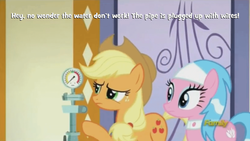 Size: 1125x633 | Tagged: safe, screencap, aloe, applejack, steam gauge, earth pony, pony, applejack's "day" off, g4, discovery family logo