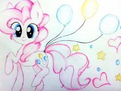 Size: 2048x1536 | Tagged: safe, artist:liaaqila, pinkie pie, g4, balloon, cute, diapinkes, female, heart, looking at you, love, pinkamena diane pie, smiling, solo, stars, traditional art