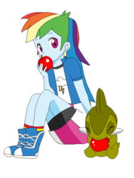 Size: 400x533 | Tagged: safe, artist:marcospower1996, artist:mega-shonen-one-64, rainbow dash, axew, equestria girls, g4, apple, boots, clothes, compression shorts, crossover, cute, eating, food, pokémon, shorts, simple background, skirt, socks, white background