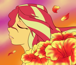 Size: 1000x850 | Tagged: safe, artist:wryte, sunset shimmer, equestria girls, g4, eyes closed, female, flower, hibiscus, solo