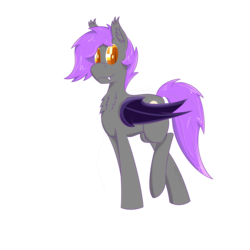 Size: 3000x3000 | Tagged: safe, artist:darklordsnuffles, oc, oc only, oc:bright tone, bat pony, pony, awkward pose, chest fluff, colored pupils, cute, ear fluff, fangs, high res, looking at you, purple hair, raised leg, simple background, solo, standing, transparent background
