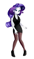 Size: 2000x3500 | Tagged: safe, artist:backgrounduser, rarity, equestria girls, g4, bedroom eyes, black dress, blushing, breasts, clothes, colored pupils, dress, female, high heels, high res, little black dress, looking at you, raised eyebrow, shoes, simple background, smiling, solo, stockings, transparent background, updated