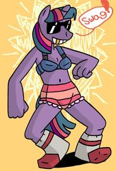 Size: 790x1170 | Tagged: safe, artist:jewpanda, twilight sparkle, anthro, plantigrade anthro, g4, belly button, bra, breasts, clothes, delicious flat chest, female, frilly underwear, gold tooth, panties, socks, solo, striped underwear, swag, underwear