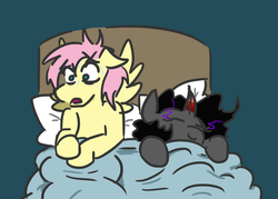 Size: 670x481 | Tagged: safe, artist:jargon scott, fluttershy, king sombra, pegasus, pony, unicorn, g4, adorascotch, aftersex, bed, blanket, butterscotch, cute, duo, eyes closed, female, male, mare, morning after, open mouth, pillow, queen umbra, regret, ruined for marriage, rule 63, rule63betes, ship:sombrashy, ship:umbrascotch, shipping, simple background, sombra eyes, spread wings, stallion, straight, sweat, umbradorable