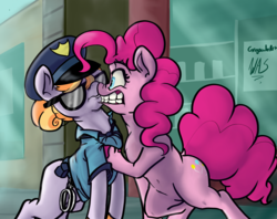 Size: 1280x1014 | Tagged: safe, artist:greyscaleart, copper top, pinkie pie, earth pony, pony, g4, the gift of the maud pie, belly button, bipedal, bipedal leaning, boop, clothes, eye contact, female, frown, grabbing, gritted teeth, hat, hoof hold, leaning, looking at each other, mare, nose wrinkle, noseboop, personal space invasion, police, police officer, police pony, scene interpretation, sunglasses, underhoof, wide eyes
