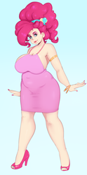 Size: 937x1888 | Tagged: safe, artist:sundown, pinkie pie, human, g4, big breasts, breasts, busty pinkie pie, chubby, clothes, dress, female, high heels, humanized, lipstick, plump, simple background, solo